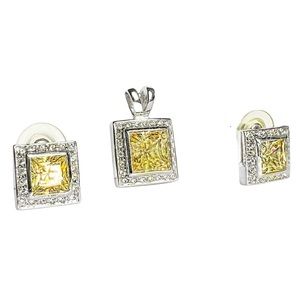 FANCY Canary Yellow and White Zirconias Earrings and Pendant Set 10K Gold Plated